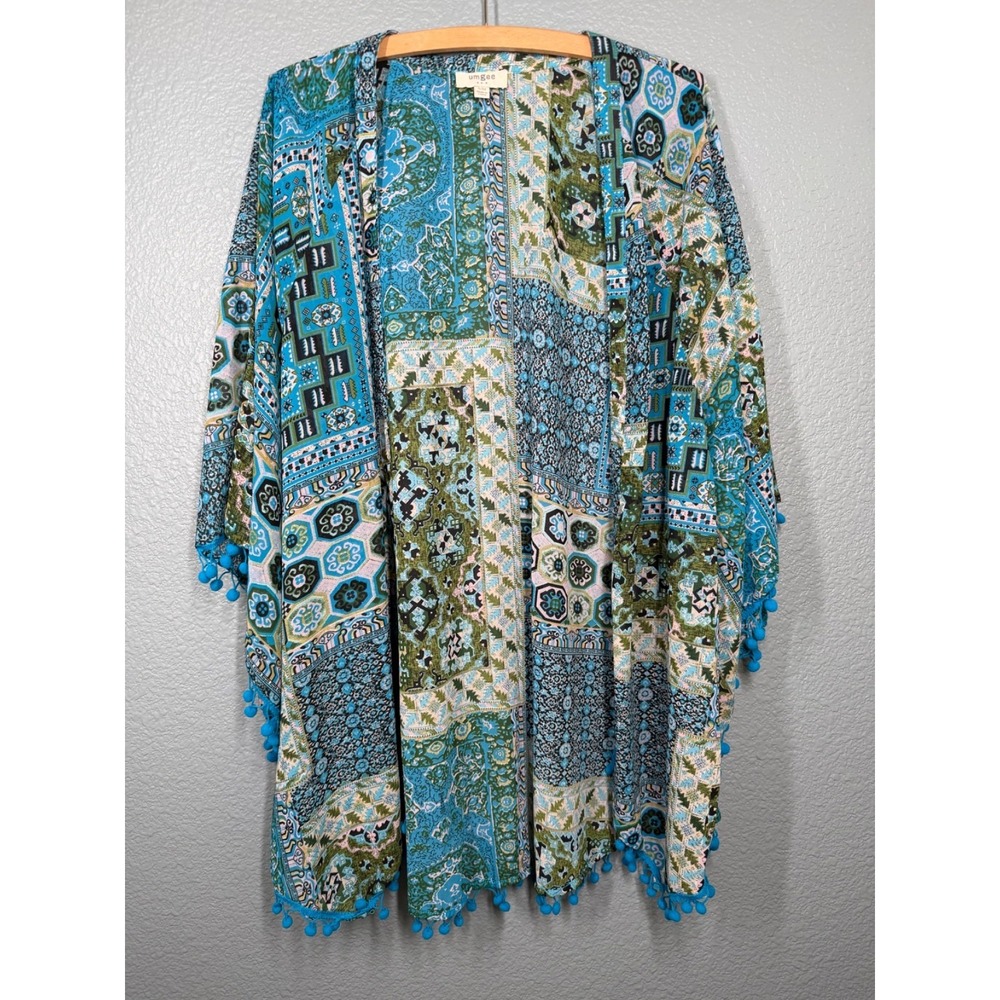 Umgee Womens S/M Open Front Kimono Pom Pom Fringe Edging Boho Cover Up Hippie